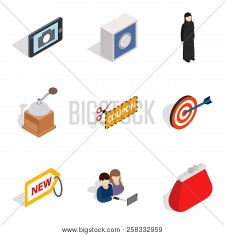 Damsel Icons Set. Isometric Set Of 9 Damsel Icons For Web Isolated On White Background