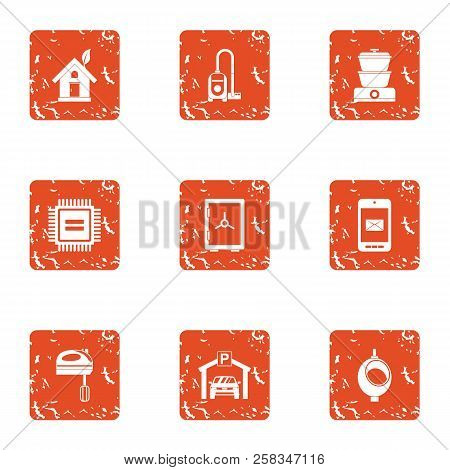 Technological Unit Icons Set. Grunge Set Of 9 Technological Unit Icons For Web Isolated On White Bac
