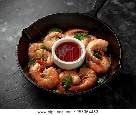 Fried In Garlic Butter Shrimps Served With Sweet Chili Suace And Parsley