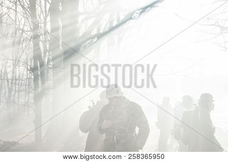 Rogachev, Belarus - February 25, 2017: Re-enactors Dressed As German Wehrmacht Infantry Soldier In W