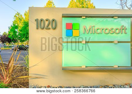 Sunnyvale, California, Usa - August 13, 2018: Closeup At Microsoft Corporation Sign At 1020 Enterpri