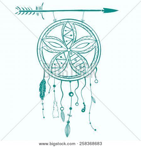 Hand Drawn Dreamcatcher With Feathers And Arrow. Vector Hipster