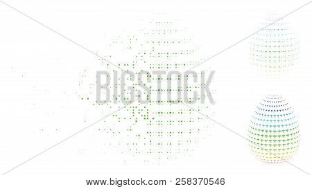 Abstract Airplane Egg Icon In Fractured, Pixelated Halftone And Entire Versions. Particles Are Arran