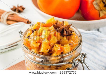Traditional Indian Food Recipes, Persimmon Fruit Chutney With Cinnamon And Anise Stars, White Marble