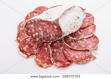 Saucisson Sec Delicious French Salami On A White Background