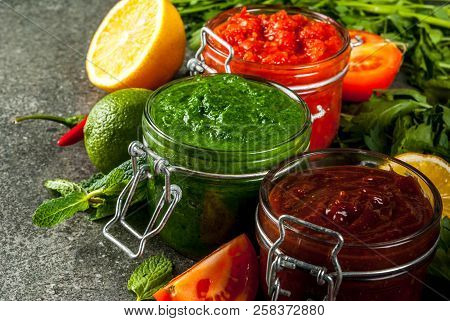 Indian Traditional Food, Set Of Three Chutney For Chaat And Sev Puri - Sweet Date-tamarind, Cilantro