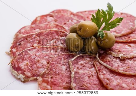 Saucisson Sec Delicious French Salami On A White Background