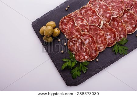 Saucisson Sec Delicious French Salami On A White Background