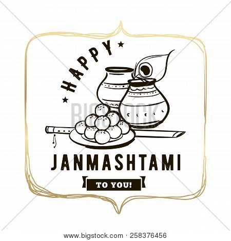Happy Janmashtami. Vector Logo Design. Usable As Background, Banner, Greeting Card, T-shirt, Print. 