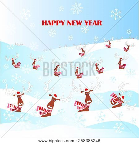 Cartoon Funny, Cute Reindeer In Red Striped Scarf, Hat With White Horns, Snow, Snowflax Happy New Ye