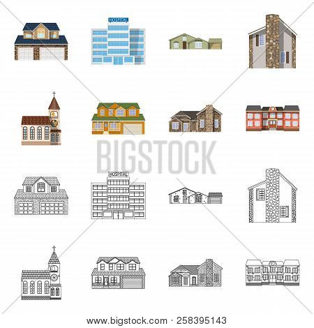 Vector Design Of Building And Front Sign. Collection Of Building And Roof Stock Vector Illustration.