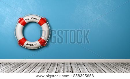 Lifebuoy With Welcome Aboard Text In A Blue Wall Room With Copy Space 3d Render