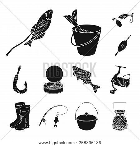 Fishing And Rest Black Icons In Set Collection For Design. Tackle For Fishing Vector Symbol Stock We