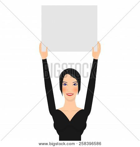 Woman Activist With Short Black Hair Is Holding Blank Poster Moke Up, Isolated On White Background