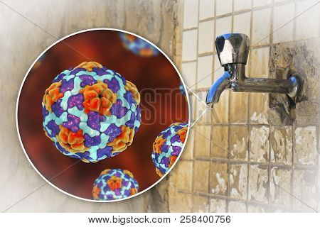 Safety Of Drinking Water Concept, 3d Illustration Showing Hepatitis A Viruses Contaminating Drinking