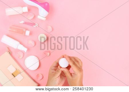 Skincare Beauty Treatment Plant-based Products With Pink Rose Petals. Jar Of Body Moisturizer, Attar