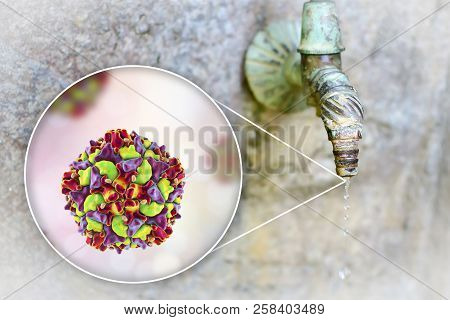 Safety Of Drinking Water Concept, 3d Illustration Showing Polio Viruses Contaminating Drinking Water
