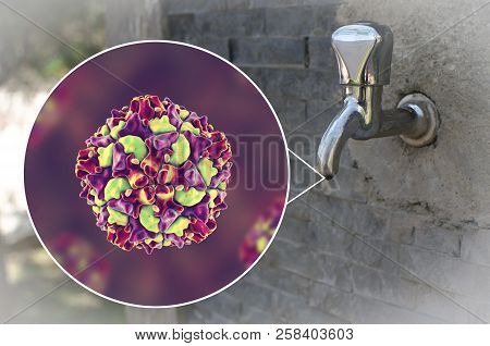 Safety Of Drinking Water Concept, 3d Illustration Showing Polio Viruses Contaminating Drinking Water