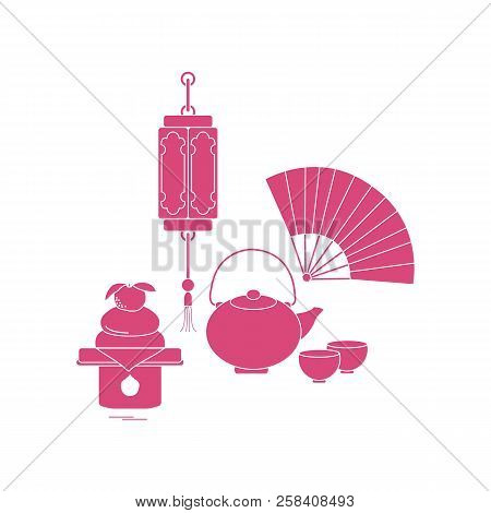 Eastern New Year Symbols. Chinese Lantern, Kettle With Two Cups, Fan, Kagami Mochi. Festive Traditio