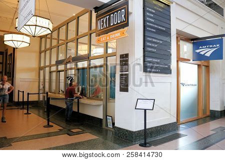 September 14, 2018 In Denver, Co:  Customers Checking In For A Train At The Amtrak Ticket Counter Su