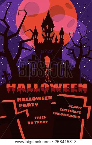 Halloween Background With Semetery And Sceleton, Haunted Castle, House And Full Moon. Poster, Flyer 