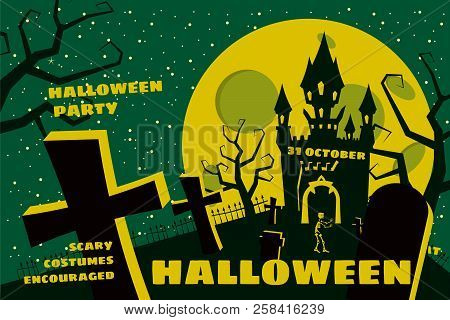 Halloween Background With Semetery And Sceleton, Haunted Castle, House And Full Moon. Poster, Flyer 