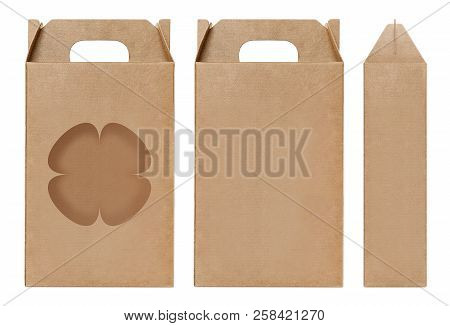 Box Brown Window Flower Shape Cut Out Packaging Template, Empty Kraft Box Cardboard Isolated White B