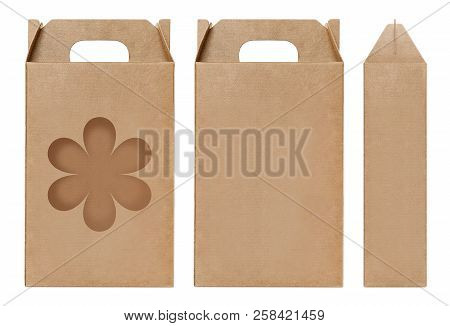 Box Brown Window Flower Shape Cut Out Packaging Template, Empty Kraft Box Cardboard Isolated White B
