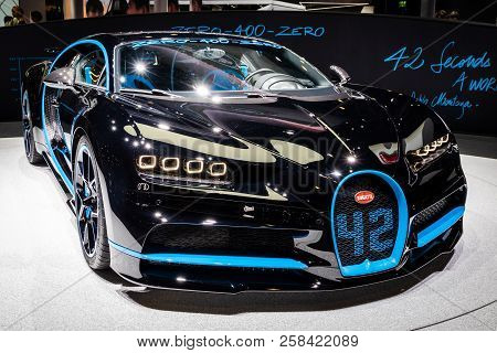 Frankfurt, Germany - Sep 13, 2017: Bugatti Chiron 42 Seconds Edition Sports Car Showcased At The Fra