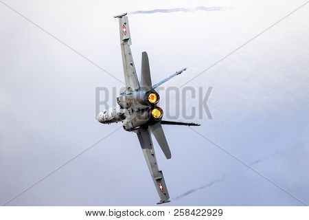 Kleine Brogel, Belgium - Sep 8, 2018: Swiss Air Force Mcdonnell Douglas F/a-18 Hornet Fighter Jet Pl