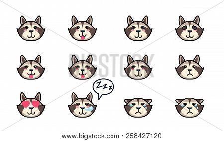 Set Of Cute Cartoon Racoons With Various Emotions. Vector Illustration