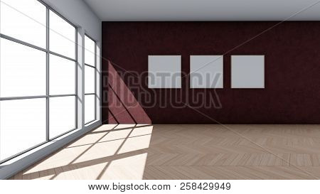 Interior Background With Big Window And Image Frames , 3d Rendering