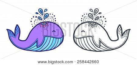 Cute Funny Whale Coloring Book Vector Illustration In Two Variants: Colored Sample And Black Contour