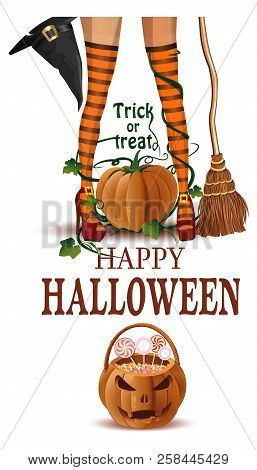 Halloween Closeup Witch Legs In Boots And With Broomstick. Happy Halloween. Trick Or Treat. Vector I