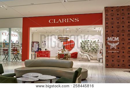 Aventura, Usa - August 23, 2018: Clarins Famous Boutique In Aventura Mall. Clarins, Is A French Luxu