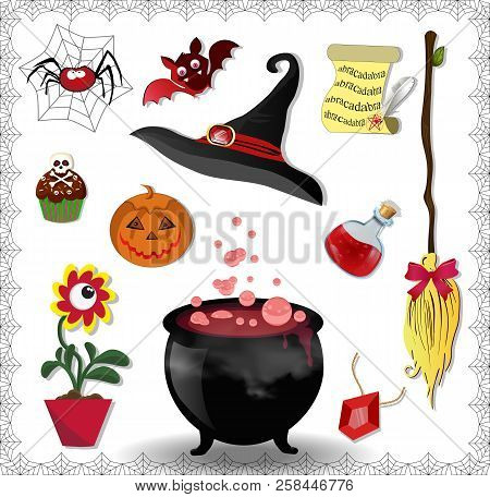 Red Halloween Cartoon Set Of Various Objects For Witches Isolated On White Background. Vector Icons,