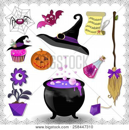 Violet Halloween Cartoon Set Of Various Objects For Witches Isolated On White Background. Vector Ico