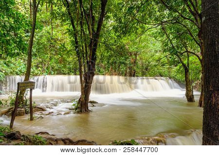 Huai Mae Khamin Waterfall In The Rainy Season With Turbid Flowing Water,in Province  Kanchanaburi  T