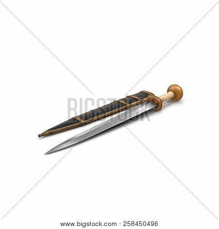 Roman Gladius Short Sword With Sheath On White. 3d Illustration