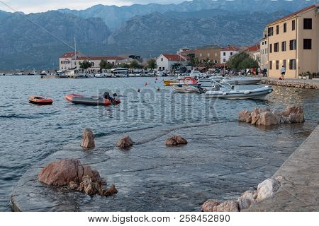 Traditional Old Village Vinjerac, Croatia, Velebit Mountains And Paklenica National Park In Backgrou