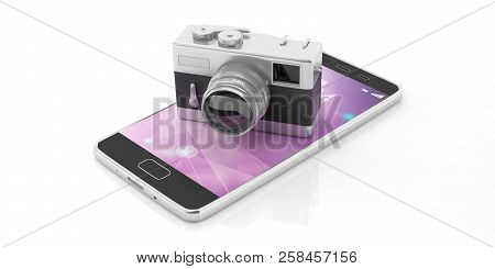 Retro Camera On Mobile Phone, Isolated On White Background, 3D Illustration.