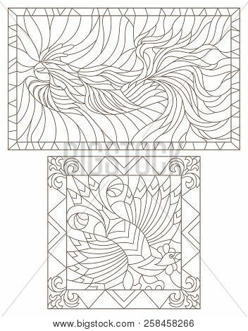 A Set Of Contour Illustrations Of Stained Glass Windows With Roosters, Rectangular Images In Frames,