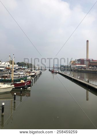 Brussels, Belgium, September 10th, 2018 : Boats and yachts in marina of Brussels view from the terrace of the Brussels Royal Yacht Club