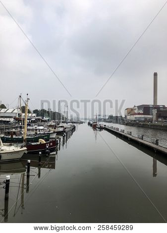 Brussels, Belgium, September 10th, 2018 : Boats and yachts in marina of Brussels view from the terrace of the Brussels Royal Yacht Club