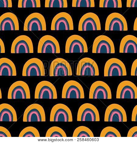 Cute Hand Drawn Rainbows Seamless Vector Pattern. Abstract Doodle Rainbows Orange, Pink, And Blue On