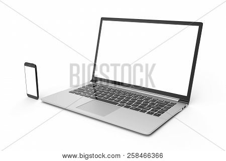 3d Illustration Desktop Computer Blank Mock Up. Glossy Laptop Computer Mock Up. Modern Computer Mock