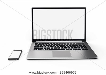 3d Illustration Desktop Computer Blank Mock Up. Glossy Laptop Computer Mock Up. Modern Computer Mock