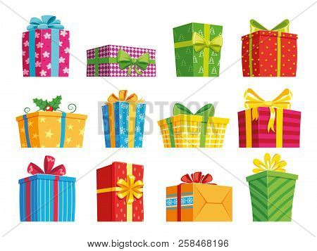 Cartoon Gift Box. Christmas Presents, Gifting Boxes And Present Winter Holidays Gifts. Secret Boxing