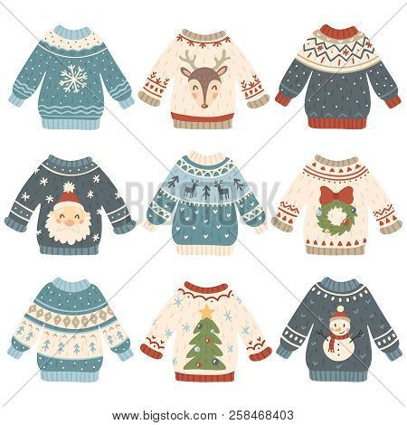 Ugly Christmas Sweaters. Cartoon Cute Wool Jumper. Knitted Winter Holidays Sweater With Funny Snowma
