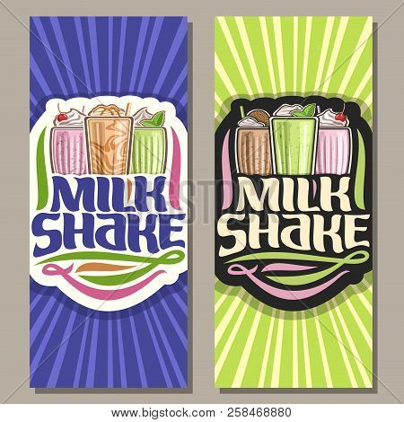 Vector Banners For Milk Shake, 3 Assorted Cocktails With Soft Serve Ice Cream Decorated Cherry And L